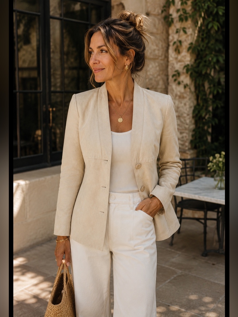 Danier Cream Suede Leather Long Fitted Blazer Size Small